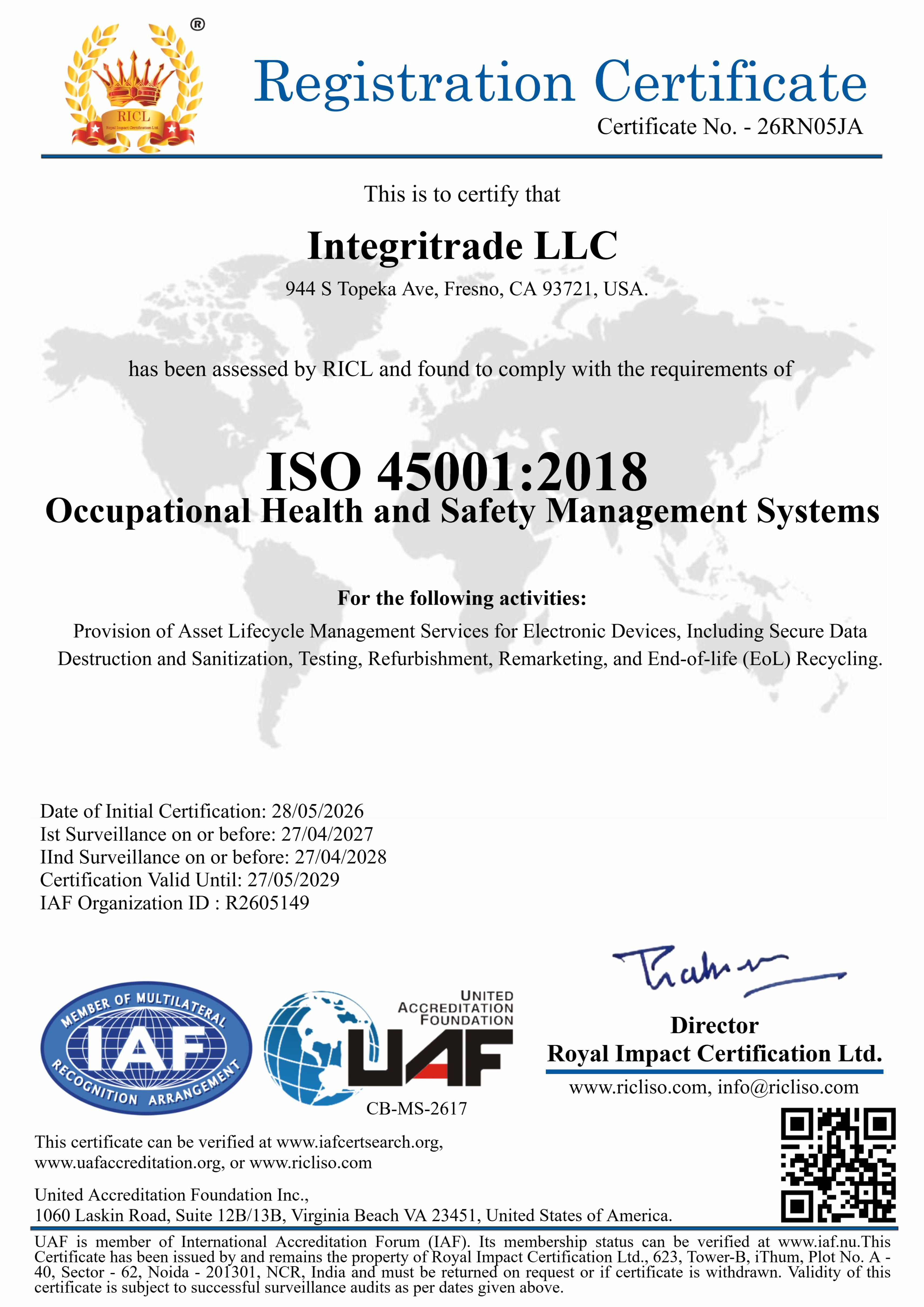 Royal Impact Certification Ltd. ISO 45001 Certificate